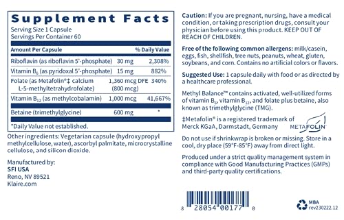 Klaire Labs Methyl Balance - Metabolism & Methylation Support with Active Folate, B2, B12, B6 & TMG - B Vitamins & Folate to Help Support Cognitive & Cardiovascular Health (60 Capsules)