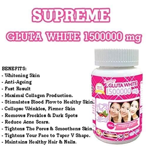 Supreme GLUTA WHITE 1500000 Mg. Whitening & Anti Aging Reduce freckles Whitening Skin Fast action Capsule,Softgel,30Tablets.