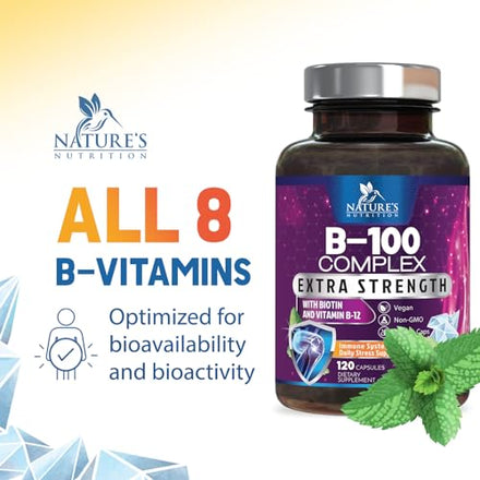 B Complex Vitamins with Vitamin C & Folic Acid - Dietary Supplement for Energy, Immune, & Brain Support - Nature's Super B Vitamin Complex for Women and Men, Made with Folate - 120 Vegetarian Capsules