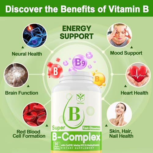 Sugar Free Vitamin B Complex with Methyl B12, MethylFolate, B6, B1, B2, B3, Fast Dissolve Highly Bioavailable Methylated B Complex Supplement for Energy Levels, Neural System, Heart, Vegan,180 Tablets