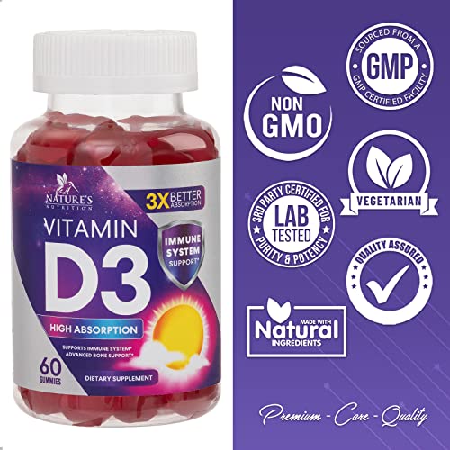 Vitamin D3 Gummy Vitamins Extra Strength 5000 IU (125 mcg) High Potency Vita D Gummies Dietary Supplement - Bone, Teeth, Muscle & Immune Support, Nature's Vitamin D Supplement, Non-GMO - 60 Gummies