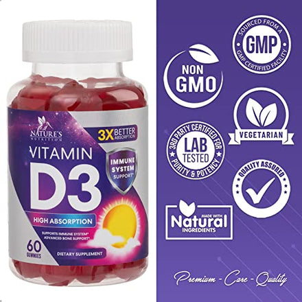 Vitamin D3 Gummy Vitamins Extra Strength 5000 IU (125 mcg) High Potency Vita D Gummies Dietary Supplement - Bone, Teeth, Muscle & Immune Support, Nature's Vitamin D Supplement, Non-GMO - 60 Gummies