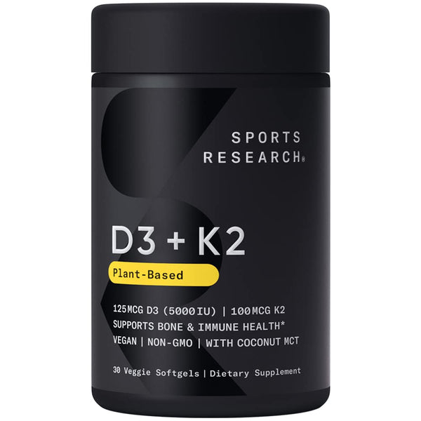 Sports Research Vitamin D3 K2 with Coconut Oil | Plant Based Vitamin K2 MK7 + Vegan D3 5000iu for Bone & Immune Health | Vegan Certified, Soy & Gluten Free - 30 Count Softgels in Pakistan