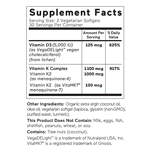 Plant-Based Vitamin D3 Immune Support with Vegan K2 Complex in a Vegetarian Softgel - Includes 5,000 IU of Vitamin D for Immunity Boost, Complete Bone Health & Arterial Protection (1 D3+K2)