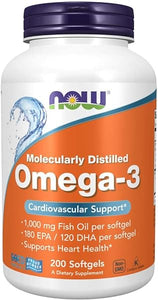 NOW Supplements, Omega-3 180 EPA / 120 DHA, Molecularly Distilled, Cardiovascular Support*, 200 Softgels in Pakistan