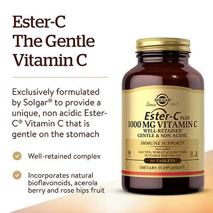 Solgar Ester-C Plus 1000 mg Vitamin C (Ascorbate Complex), 90 Tablets - Gentle On The Stomach & Non Acidic - Antioxidant & Immune System Support - Non GMO, Vegan, Gluten Free, Kosher - 90 Servings