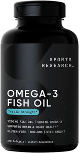Sports Research Triple Strength Omega 3 Fish Oil - Burpless Fish Oil Supplement w/EPA & DHA Fatty Acids from Wild Alaskan Pollock - Heart, Brain & Immune Support for Men & Women - 1250 mg, 240 ct in Pakistan
