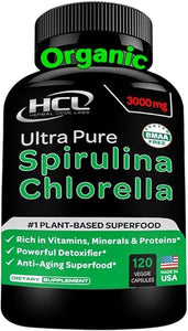 Chlorella Spirulina Powder Capsules Organic - 3000 mg of BMAA Free Purest Blue Green Algae - Best Raw Vegan Protein Green Superfood Broken Cell Wall – Made in USA in Pakistan