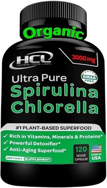 Chlorella Spirulina Powder Capsules Organic - 3000 mg of BMAA Free Purest Blue Green Algae - Best Raw Vegan Protein Green Superfood Broken Cell Wall – Made in USA in Pakistan in Pakistan