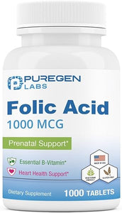 Puregen Labs Folic Acid 1000 mcg Tablets | Vitamin B9 | Non-GMO | Gluten Free | Made in USA | Value Size 1000 Tablets in Pakistan