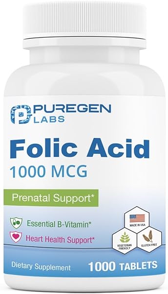 Puregen Labs Folic Acid 1000 mcg Tablets | Vitamin B9 | Non-GMO | Gluten Free | Made in USA | Value Size 1000 Tablets in Pakistan in Pakistan