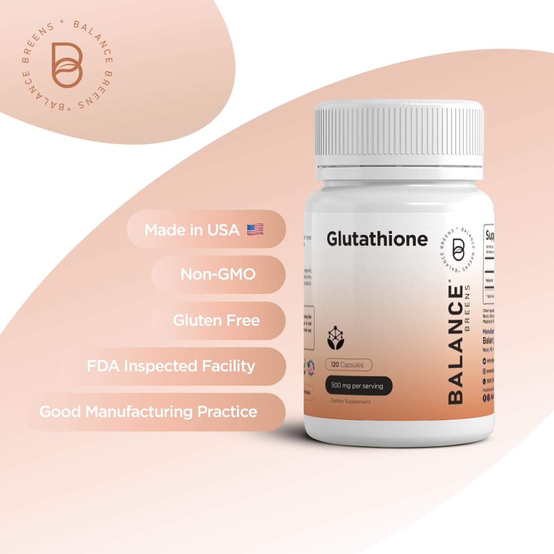 Balancebreens Active Form (Reduced) Glutathione Supplement - 500mg - 120 Vegan Capsules - L-Glutathione GSH Supports Cardiovascular Health, Antioxidant Support, Liver Detox, Skin Whitening