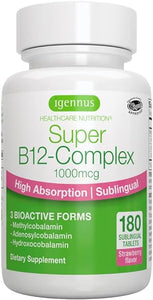 Super B12-Complex 1000mcg, Sublingual Vitamin B12, Methylcobalamin, 180 Servings, Adenosylcobalamin & Hydroxocobalamin, Clean Label, High Absorption Sugar-Free Melts, Vegan, by Igennus in Pakistan