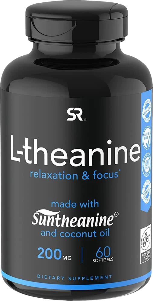 Sports Research Double Strength ‘Suntheanine’ L-Theanine with Organic Coconut Oil - Promotes Alertness & Relaxation without Drowsiness - 200mg L Theanine Supplement - 60 Softgel Capsules for Adults