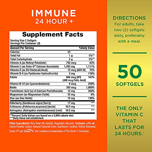 Nature's Bounty Immune 24 Hour +, The only Vitamin C with 24 Hour Immune Support from Ester C, Rapid Release Softgels, 50 Count