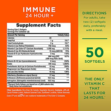 Nature's Bounty Immune 24 Hour +, The only Vitamin C with 24 Hour Immune Support from Ester C, Rapid Release Softgels, 50 Count