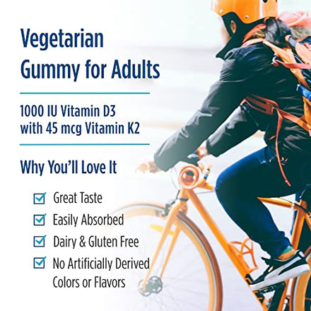 Nordic Naturals Vitamin D3 + K2 Gummies, Pomegranate - 120 Gummies - 1000 IU Vitamin D3 + 45 mcg Vitamin K2 - Great Taste - Bone Health, Promotes Healthy Muscle Function - Non-GMO - 120 Servings