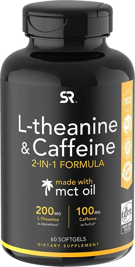 Sports Research Double Strength ‘Suntheanine’ L-Theanine with Organic Coconut Oil - Promotes Alertness & Relaxation without Drowsiness - 200mg L Theanine Supplement - 60 Softgel Capsules for Adults
