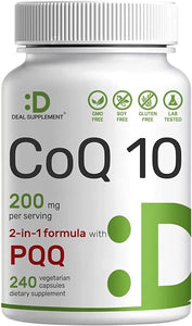 CoQ10 200mg & PQQ 200mcg, 240 Veggie Capsules – 2 in 1 Coenzyme Q10 Supplement for Better Absorption – Antioxidant Support for Energy, Brain, & Heart Health – Non-GMO in Pakistan