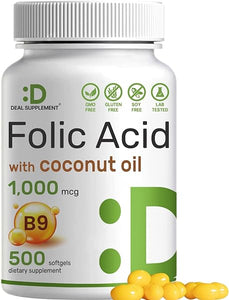 DEAL SUPPLEMENT Folic Acid 1000 mcg (1 mg), 500 Coconut Oil Softgels | Bioavailable Prenatal Vitamins (Vitamin B9) – 1,667 mcg DFE – Easy to Swallow, Non-GMO, & No Gluten in Pakistan