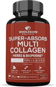 Super-Absorb Multi Collagen Pills (Type I II III V X) Organic Herbs and Bioperine - Hair, Skin, Nails, Joints - Hydrolyzed Collagen Peptides Protein Supplement for Women Men (90 Capsules) in Pakistan