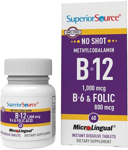 Superior Source No Shot Vitamin B12 Methylcobalamin (1000 mcg), B6, Folic Acid, Quick Dissolve MicroLingual Tablets, 60 Ct, Increase Energy, Healthy Heart, Boost Metabolism, Stress Support, Non-GMO in Pakistan