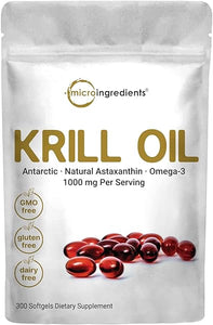 Micro Ingredients Antarctic Krill Oil Supplement, 1000mg Per Serving, 300 Soft-Gels, Rich in Omega-3s EPA, DHA & Natural Astaxanthin, Supports Immune System & Brain Health, Easy to Swallow in Pakistan