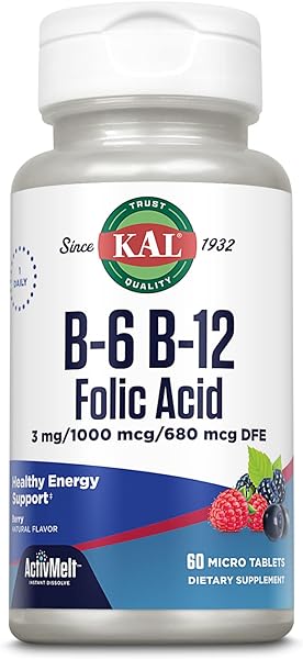 KAL Vitamin B-6, B-12 & Folic Acid Supplement, Heart Health, Energy & Red Blood Cell Support*, with Vitamin B12 Methylcobalamin & Folate, Natural Berry Flavor, 60 Servings, 60 ActivMelt Micro Tablets in Pakistan in Pakistan