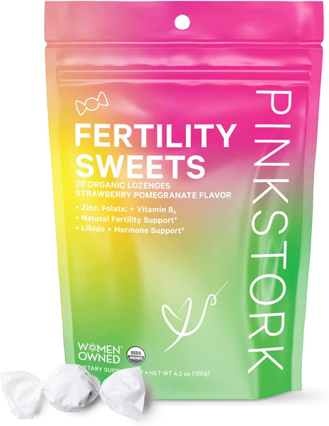 Pink Stork Fertility Sweets: Organic Strawberry Pomegranate Fertility Supplements for Women, Prenatal Vitamins, Folate, Vitamin B6 + Zinc Drop, Hormone Balance for Women, Women-Owned, 30 Hard Lozenges