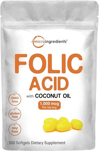 Folic Acid 1,000 mcg, 500 Coconut Oil Softgels (1mg) | Essential Prenatal Vitamins (Vitamin B9) | 1,667 mcg DFE | Third Party Tested, No Artificial Colors or Flavors | Non-GMO, Gluten Free in Pakistan