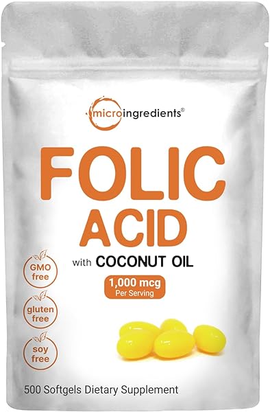 Folic Acid 1,000 mcg, 500 Coconut Oil Softgels (1mg) | Essential Prenatal Vitamins (Vitamin B9) | 1,667 mcg DFE | Third Party Tested, No Artificial Colors or Flavors | Non-GMO, Gluten Free in Pakistan in Pakistan