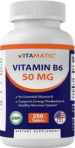Vitamatic Vitamin B6 (Pyridoxine HCI), 50 mg 250 Vegetarian Tablets - Promotes Energy Production, boosts Metabolism and Immune Health Support in Pakistan