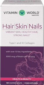 Vitamin World Hair, Skin and Nails Formula 120 caplets, Biotin B-7 Vitamin, Healthy Hair, Skin, Nails, Type I and III Collagen, Coated, Gluten Free in Pakistan
