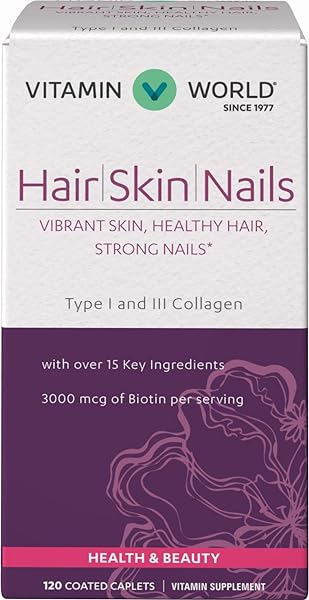 Vitamin World Hair, Skin and Nails Formula 120 caplets, Biotin B-7 Vitamin, Healthy Hair, Skin, Nails, Type I and III Collagen, Coated, Gluten Free in Pakistan in Pakistan