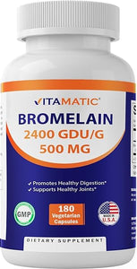 Vitamatic Bromelain Supplement 500mg, 2400 GDU/g, Proteolytic Enzymes, Supports Digestion of Proteins, 180 Count in Pakistan