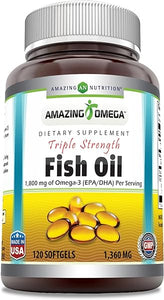 Amazing Omega Triple Strength Fish Oil Supplement | Unflavored | 1360 Mg Per Serving | 120 Softgels | Non-GMO | Gluten-Free | Made in USA in Pakistan