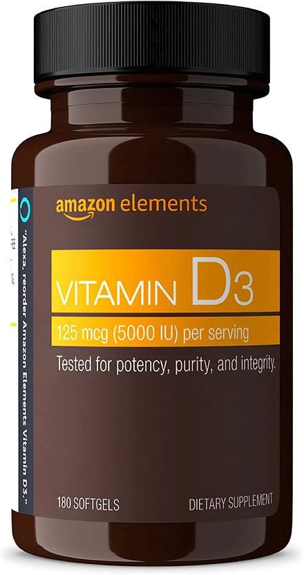 Amazon Elements Vitamin D3, 5000 IU, 180 Softgels, 6 month supply (Packaging may vary), Supports Strong Bones and Immune Health