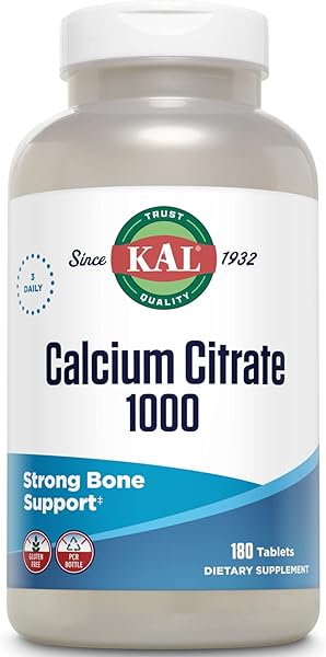 KAL Calcium Citrate 1000mg, Calcium Supplements for Women and Men, Bone Health, Teeth, Nervous, Muscular & Cardiovascular System Support, Gluten Free and Lab Verified, 60 Servings, 180 Tablets in Pakistan in Pakistan