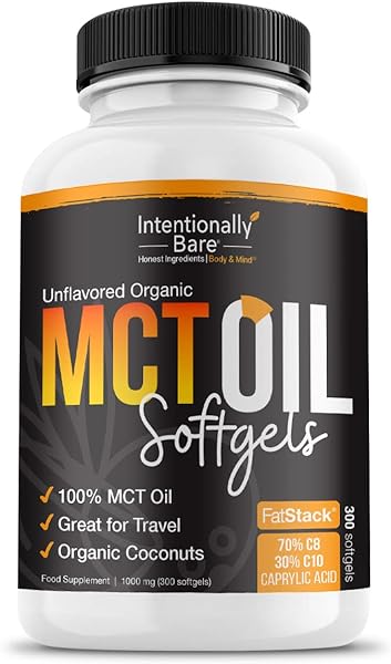 Intentionally Bare Organic MCT Oil Capsules - Keto, Paleo, Low Carb – 70% C8 | 30% C10 – Great for Travel - 100% MCT Oil – Unflavored – 1000mg per Capsule - 300 Capsules in Pakistan in Pakistan