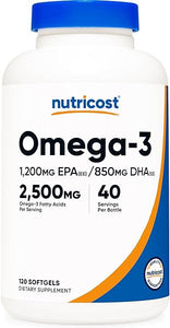 Nutricost Omega 3 Fish Oil - 2500MG, 120 Softgels (40 Serv) - Triple-Strength Fish Oil, Wild Caught! 1200mg EPA 910mg DHA - Non-GMO, Gluten Free in Pakistan