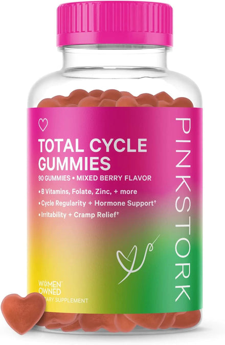 Pink Stork Total Cycle Gummies: PMS Relief + Period Relief for Women, Menstrual Support + Prenatal Vitamin, Zinc, Folate, Vitamin B, Hormone Balance for Women, Women-Owned, 90 Mixed Berry Gummies