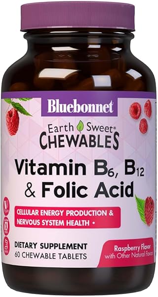 Bluebonnet Nutrition Earth Sweet Vitamin B6, B12, Plus Folic Acid Chewable Tablets, Vegan, Vegetarian, Gluten Free, Soy Free, Milk Free, Kosher, 60 Chewable Tablets, Raspberry Flavor in Pakistan in Pakistan