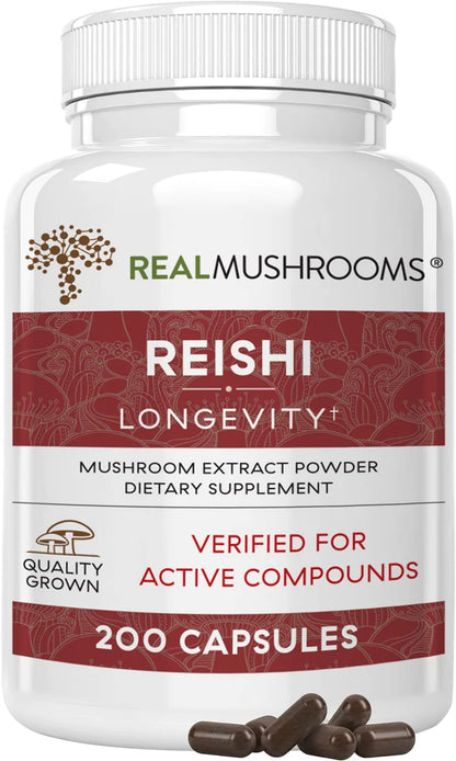 Reishi Mushroom Capsules for Immune Support, Vitality, Relaxation (200ct) Vegan, Non-GMO Mushroom Capsules for Wellness & Better Sleep, Safe for Pets, Verified Levels of Beta Glucan