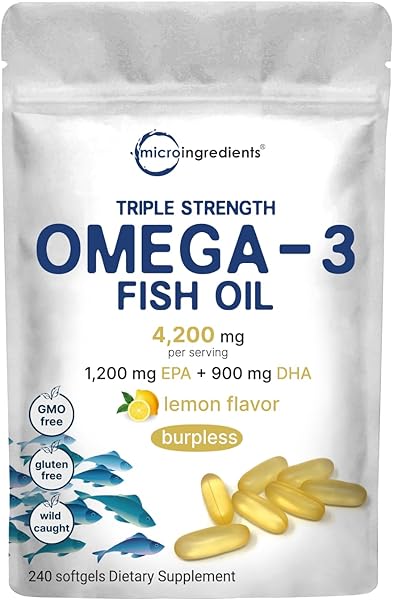Triple Strength Omega 3 Fish Oil Supplements 4200mg Per Serving, 240 Softgels – Lemon Flavored – Burpless (Enteric-Coated) | EPA 1200mg + DHA 900mg | Deep Sea Fish, Wild Caught from Norwegian Waters in Pakistan