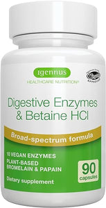 Advanced Digestive Enzymes & Betaine HCl, Vegan Formula with Protease, Broad Spectrum, Lipase & Lactase, Plant-Based Papain & Bromelain, Clean Label, 90 Capsules, by Igennus in Pakistan