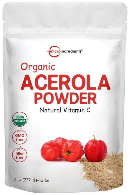 Pure Acerola Cherry Powder Organic, Natural Organic Vitamin C for Immune System Booster, 8 Ounce, Best Superfoods for Beverage, Smoothie and Drinks, Vegan Friendly, Brazil Origin