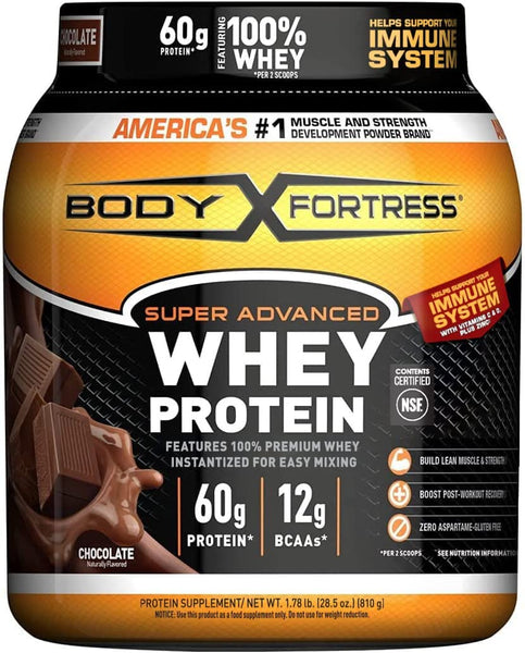 Body Fortress Super Advanced Whey Protein Powder, Chocolate, Immune Support Vitamins