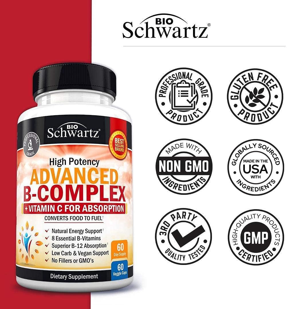 Vitamin B Complex with Vitamin C for Maximum Absorption - Methylcobalamin b12 & Folate Folic Acid Supplement - Vitamins B1 B2 B3 B5 B6 B7 B9 for Immune Energy & Nervous System Support - Non-GMO -60ct