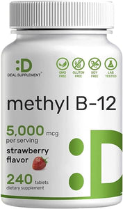 DEAL SUPPLEMENT Methyl B-12 Vitamins 5000 mcg, 240 Chewable Tablets | Active Form - Strawberry Flavored - Energy Support & Brain Health Function - Vegetarian & GMO Free in Pakistan