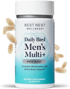 Daily Bird Men's Multivitamin with Probiotics, Methylfolate, VIT B12, Natural Whole Food Organic Blend, Once Daily Multivitamin Supplement, 30 Ct. Includes Bonus Top Smart Brain Guide, Value $19.95